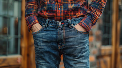Man in Plaid Shirt and Jeans Outfit