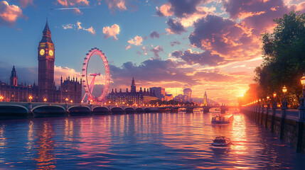 Fototapeta premium Panorama view of London, England skyline with world famous landmarks. London eye, Big Ben