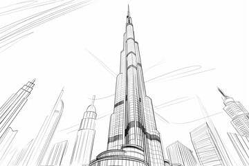 Black and white line drawing illustration of Burj Khalifa, the world's tallest building, in Dubai, UAE