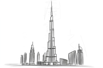 Black and white line drawing illustration of Burj Khalifa, the world's tallest building, in Dubai, UAE