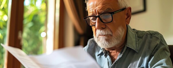 Elderly man with glasses looking at his life insurance policy. Concept of the importance of insurance when planning for retirement