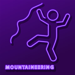mountaineering neon sign, modern glowing banner design, colorful modern design trend on black background. Vector illustration.