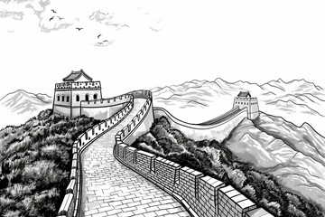 Black and white line drawing illustration of Great wall of China, one of the seven wonders of the ancient world