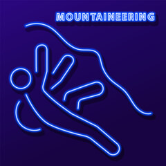 mountaineering neon sign, modern glowing banner design, colorful modern design trend on black background. Vector illustration.