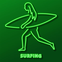 surfing neon sign, modern glowing banner design, colorful modern design trend on black background. Vector illustration.