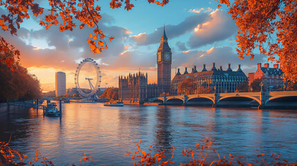 Panorama view of London, England skyline with world famous landmarks. London eye, Big Ben - obrazy, fototapety, plakaty