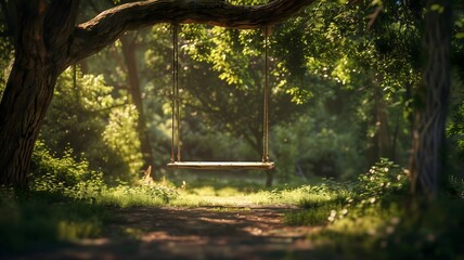  A wooden swing hanging from a sturdy oak tree in a tranquil forest. . 
