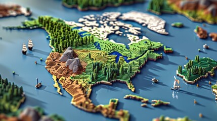 View Canada states Maps 3D into captivating voxel art, adding a whimsical and dimensional touch to each states representation, diverse geography, Ensure each state stands out with depth ,isometric 