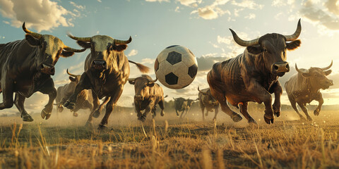 A herd of bulls play soccer with a huge classic soccer ball. Everybody loves football