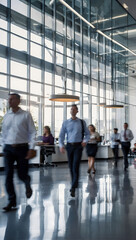 Workplace Motion, People in Blur as they Navigate the Bright and Contemporary Office Environment.