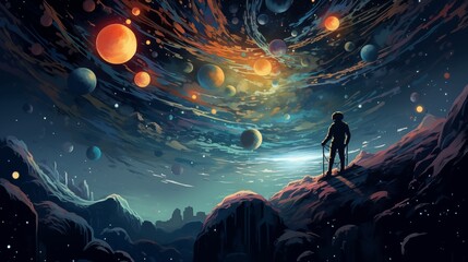 Let your imagination soar with a stunning vector portrayal of a beautiful planet suspended in the cosmic abyss, offering a wonders of the universe.