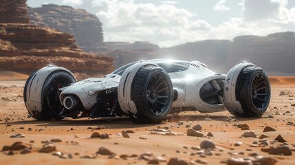 Vehicle with four wheels in the desert, 16:9