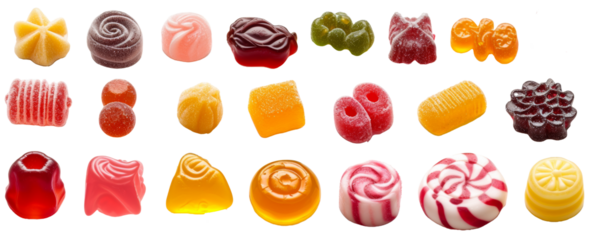 Set of buds candies, jelly beans and candy isolated on transparent background. Cutting dessert elements. Top view high quality PNG." design elements, top view / flat lay