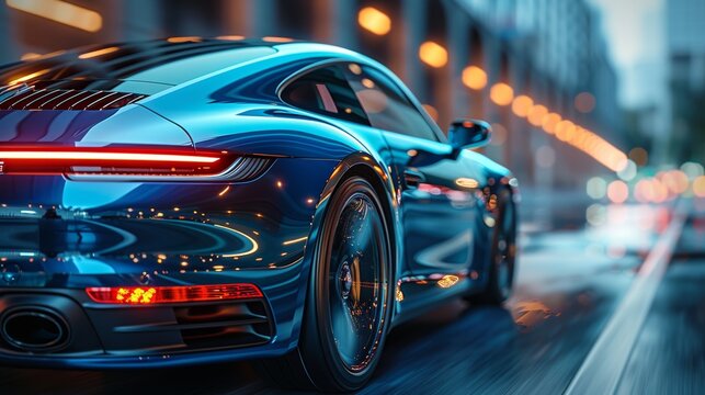 In this 3D rendering, a blue car is moving at high speed along the highway, obscuring the speed of movement.