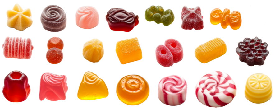 Set of buds candies, jelly beans and candy isolated on transparent background. Cutting dessert elements. Top view high quality PNG." design elements, top view / flat lay