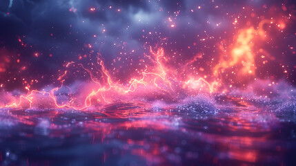 A surreal scene of vibrant electric sparks and glowing particles illuminating a mystical ocean under a dramatic sky, creating a captivating atmosphere