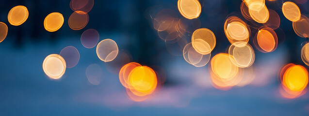 Yuletide Radiance, Abstract Background of Christmas Lights Amidst a Snowy Landscape, Enhanced by Bokeh Lights and a Soft Blur of Winter Wonders.