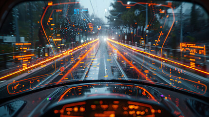 A futuristic heads-up display showing vibrant orange data against a rainy cityscape, illustrating advanced automotive technology and augmented reality