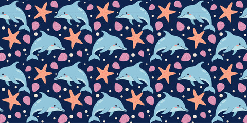 Obraz premium Seamless pattern with dolphins, starfish, shells. Vector illustration. Marine summer background. Trendy pattern in flat style, design for wrapping paper, wallpaper, stickers, notebook cover.