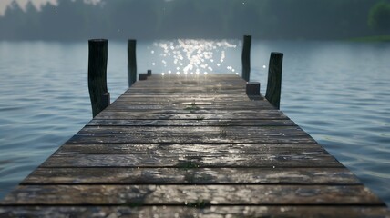  A wooden pier jutting out into a shimmering lake, perfect for fishing. . 
