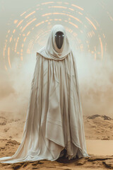 futuristic monk with a mask and robe, cloaked person in the desert, religious digital circle in the background, fantasy or science fiction book cover illustration