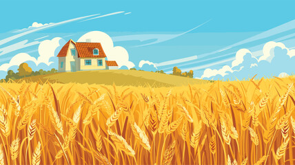 Golden wheat field ripe harvest farmhouse background. Countryside scenery agriculture farmland blue sky. Autumn harvest season rural landscape golden wheat ears