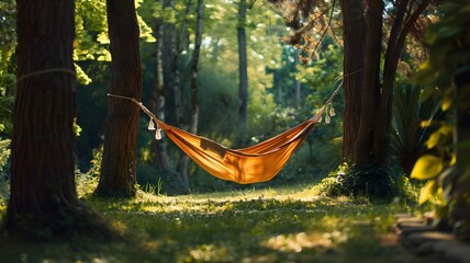  A hammock swaying gently between two tall trees in a peaceful garden. . 
