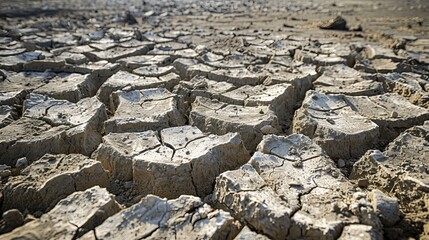Dried-up lake bed revealing cracked earth in a once water-rich area --ar 16:9 --style raw Job ID: afcebbae-0108-4bed-bf15-d8e44fbea50f