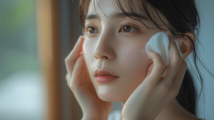 Fototapeta premium A person applying a skincare product to their face, looking thoughtfully in the distance, with a focus on skincare routine and personal grooming.