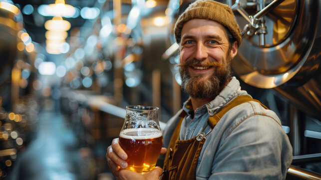 A smiling brewmaster holding a glass of beer in a brewery with stainless steel fermentation tanks in the background, representing craftsmanship and the brewing industry. - Powered by Adobe