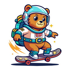 Naklejka premium An eye-catching funny cartoon vector illustration of a Bear, riding a skateboard. Skating in outer space, he makes. He wears an astronaut suit without a helmet and has sunglasses.