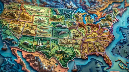 state map of America ,USA Showcase a larger-than-life, pixel art interpretation of a state map, focusing on vibrant colors and sharp, defined edges in a close-up view., 