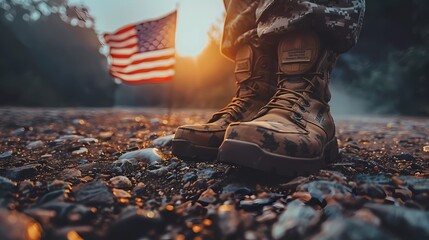 Veterans Day graphic material Patriotic American Flag and Military Memorabilia, American flag watercolor, Military boots silhouette, Soldier tribute