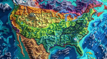 state map of America ,USA Showcase a larger-than-life, pixel art interpretation of a state map, focusing on vibrant colors and sharp, defined edges in a close-up view., 