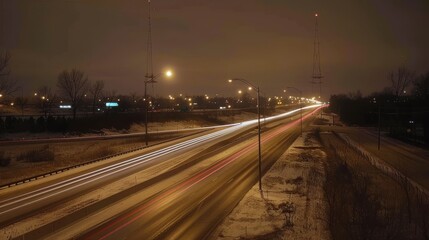 Nighttime long exposure of a road. A vibrant long exposure shot capturing the dynamic lights of cars traversing a road at night, reflecting the urban pulse