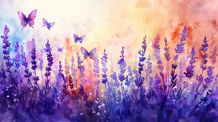 Hand drawn watercolor of lavender fields with butterflies fluttering about, painted in bright pastels, ideal for nature and butterflies lovers