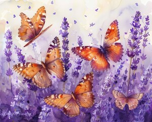 Vibrant, hand drawn watercolor depicting butterflies dancing over lavender blooms, crafted in soft pastel hues, perfect for nature enthusiasts