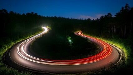 busy highway winding through a dense forest during evening with dynamic flow of vehicles headlight