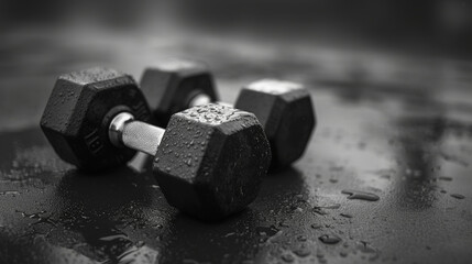 A pair of black hexagonal dumbbells with water droplets on them, resting on a wet surface, likely indicating a workout session in the rain or mist.