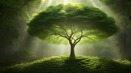 Sunlight filtering through the lush green canopy of a serene forest, illuminating a solitary green tree.