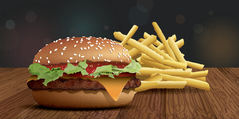 Homemade cheeseburger side view and french fries on wooden table have blurred night life background with bokeh effect vector illustration have blank space for advertisement.