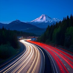 busy highway winding through a mountain range with dynamic flow of vehicles headlight