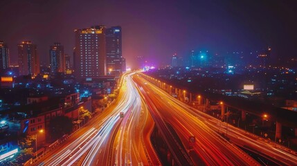 Nighttime long exposure of a road. A vibrant long exposure shot capturing the dynamic lights of cars traversing a road at night, reflecting the urban pulse