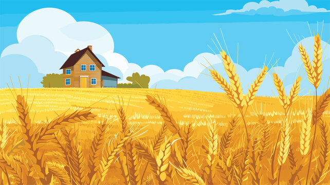 Golden wheat field ripe harvest, farmhouse background, blue sky. Countryside landscape, agriculture, farming concept, sunny day. Cartoon style illustration, rural farmland scene, food production