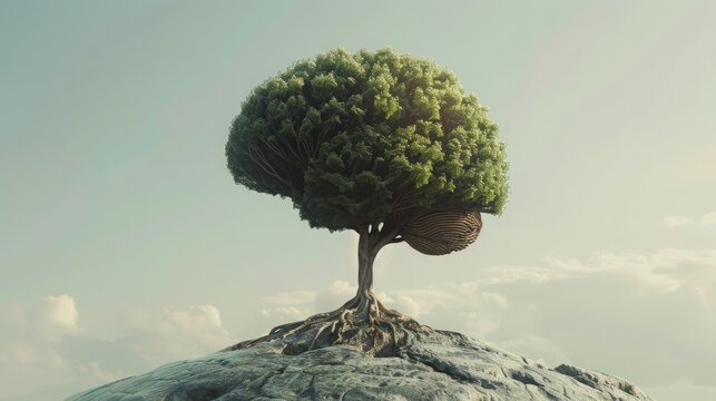 A human brain shaped like a tree, showing growth of mind, symbolizing the connection between knowledge and nature. best for mental growth articles