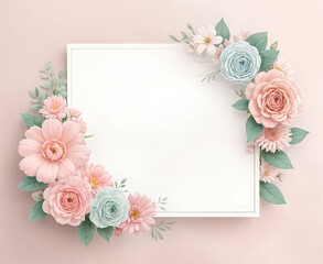 A floral frame with various pastel-colored flowers including roses, daisies, and succulents arranged around a blank white space in the center