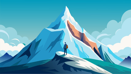 A snowy mountain peak where a person stands in awe of the grandeur of nature and finds inner peace.. Vector illustration