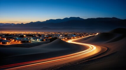 busy highway winding through undulating sand dunes during evening with dynamic flow of vehicles headlights