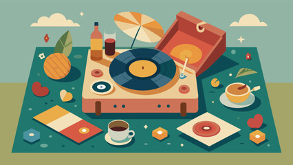 A vintage record player p in the center of a picnic blanket surrounded by a selection of vinyl records and snacks creating the ultimate outdoor Vector illustration