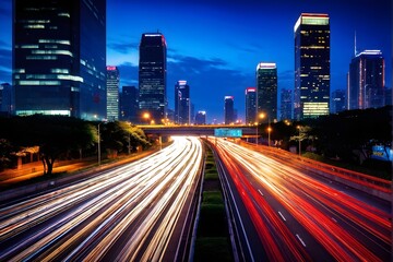 Fototapeta na wymiar dynamic motion blur of an urban highway at evening rush hour